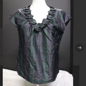 NWT Talbots Green & Navy Silk Plaid Ruffle Blouse